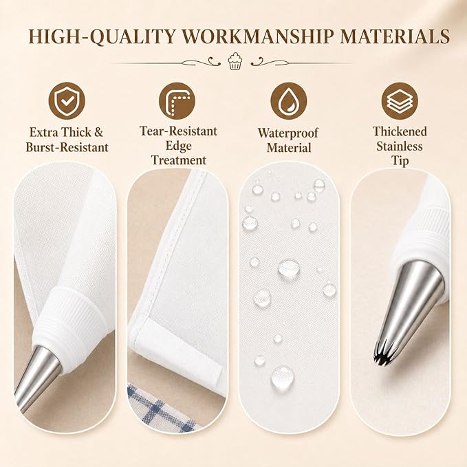 Reusable Piping Bags and Tips Set, 16inch Cotton Pastry Bags | Cotton Exterior, Eco-Friendly, For Cake Decorating, Cupcakes, Cookies, Durable Baking Kit