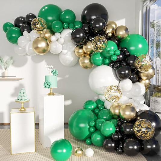 Green Black White Metallic Gold Balloons Garland Arch Kit, 146 Pcs Lime Dark Green Matte Black Confetti Gold Balloons for Graduation Football Soccer Army Birthday Party Decorations