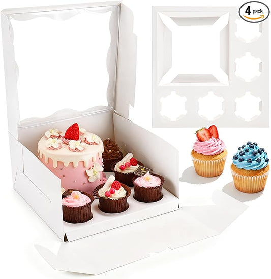 4 Packs Bento Cake Box with Cupcakes, 1+5 Cupcake Box Combo with Clear Window,Fit 5 Cupcakex and 1 Mini Cake for Wedding Birthday Party Baby Shower Baking Supplies