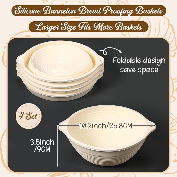 Fanfanwin 4 Pcs Silicone Banneton Bread Proofing Baskets, 10" Beige Round Foldable Non-Stick Dough Proofing Bowl Containers with Handles, Sourdough Bread Baking Supplies, Oven & Dishwasher Safe