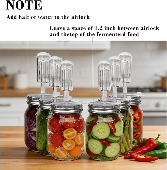 Fermentation Lids Kit for Wide Mouth Mason Jars | 6 304 Stainless Steel Fermenting Lids with 6 Airlocks, 6 Silicone Rings & Grommets-Complete Mason Jar Fermentation Set for Brewing, Fermenting(No Jars