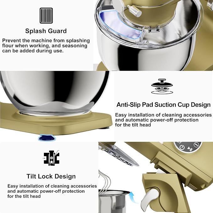 8.45 QT All Metal Stand Mixer,10 Speed Large Capacity Kitchen Mixer with Digital Timer & Tilt-Head, Electric Mixer with Whisk Dough Hook Mixing Beater for Baking,Cakes,Cookie,Bread,Salad (Champagne)