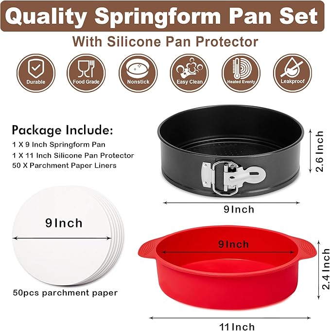 Springform Pan 9 Inch Nonstick, 9 Springform Cheesecake Pan with Silicone Protector, Leakproof Spring Form Pan for Cheesecake, 9 Inch Springform Cheese Cake Pans for Baking with 50 Parchment Paper