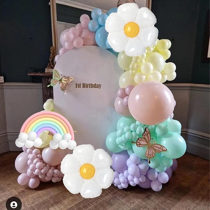 Pastel Balloon Arch Kit - 144pcs Pastel & Rainbow Balloons With Daisy Designs - Macaron Easter Arch Kit for Baby Shower, Birthday & Party Decorations