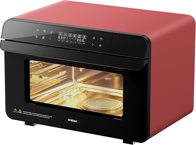 ROBAM Toaster Air Fryer Combi Oven, Countertop Steam Oven 14-in-1 with Convection Steam Roast & Bake, Multi-Stage Cooking, Self-Clean, 7 Modes, 30 Built-In Recipes, for Kitchen Pizza Baking (Red)