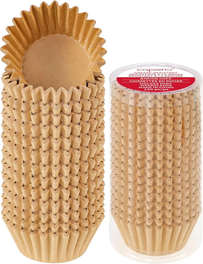 Caperci Heavy Duty Standard Natural Cupcake Liners 150 Counts - Grease-Resistant Paper Muffin Baking Cups, Odorless, No Muffin Pan Needed, Easily Peels (Natural)