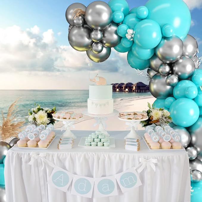 Teal Balloon Garland Kit, 100 Pcs Metallic Silver and Teal Blue Balloon Garland Kit, Turquoise Teal Blue Metallic Silver Balloons Different Sizes for Baby Shower Birthday Wedding Party Decorations