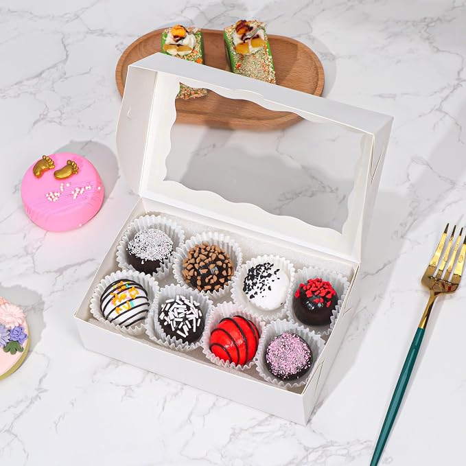 ROSPAKTEK 20pcs 7x4.3x2 Inch White Bakery Treat Boxes with Window - Christmas Valentine's Cookie, Chocolate Truffle, Strawberries & Cakesickle Gift Boxes