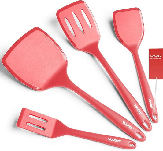 Silicone Spatula Set, 600°F Heat Resistant Silicone Spatula Turner Flipper for Cooking, Non Stick and Non Scratch Kitchen Utensils for Eggs & Pancakes, 4 Pack, Red