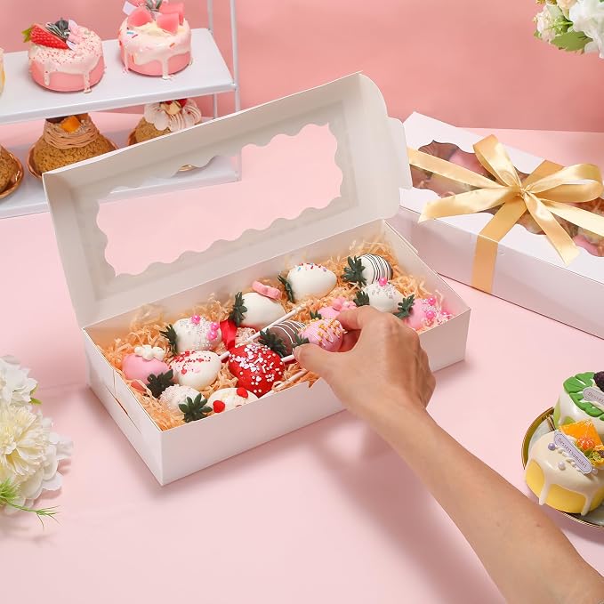 36 Pack Cookie Boxes with Window, 12.5x5.5x2.5 Inches Bakery Boxes with Ribbon and Sticks, Treat Box for Chocolate Covered Strawberries, Hot Cocoa Bombs, Pastries, Donuts, Muffins