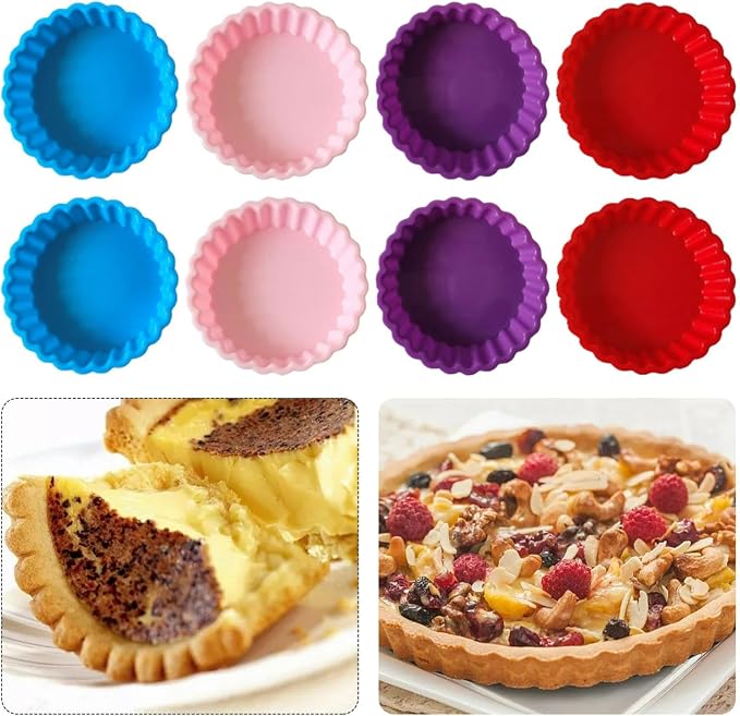8 pcs Silicone Tart and Pie Molds, 4 Inch Fluted Mini Tart Mould Round Nonstick Quiche Pan Bakeware Mold for DIY Baking Pies/Tarts/Mousse Cakes/Small Dessert(Random Color)