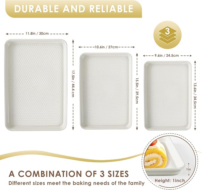 Baking Sheet Pan Set of 3, Nonstick Carbon Steel Cookie Sheets with Texture | Commercial Half/Quarter/Jelly Roll Pans Replacement Toaster Oven Tray, Heavy Duty & Easy Clean, White