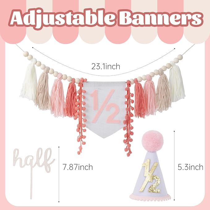 CWK Half Birthday Decorations for Baby, 1/2 Birthday High Chair Banner with Cone Hat & Cake Topper, Half Way to One Party Kit, Photo Props for 6 Month Baby Birthday(Pink)