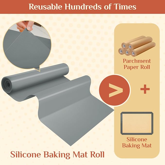 Silicone Baking Mat, 16 IN x 6 FT Free Cutting Baking Sheet, Non-Stick Reusable Dough & Pastry Mat, Non-Slip Silicone Mat Roll for Air Fryer Liner, Freeze Dryer, Oven Baking Pan, Kitchen Counter