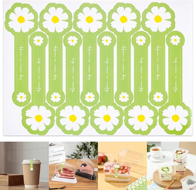 300pcs Handmade Lollipop Baking Stickers for Cake Box/Tins/Jars/Coffee Cups/Bottles, Long Label Daisy Flower Sealing Bakery Stickers for Gift Wrapping Self-Adhesive Tamper Evident Seal Labels