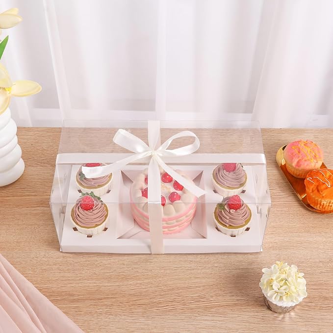 3Pcs Bento Cake Box and Cupcake 1+4 Combination Clear Window Bento Boxes, 6 Holes Bento Vake Box Suitable for 4 Regular Cupcakes and Mini Cakes
