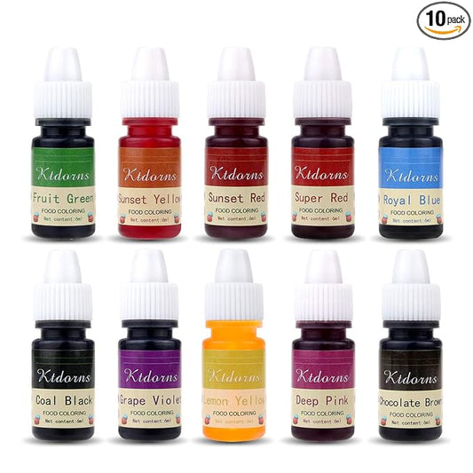 Food Coloring - Yellow,Blue,Green,Violet 10 Color cake food coloring liquid Variety Kit for Baking, Decorating,Fondant and Cooking, Slime Making Supplies Kit - .25 fl. oz. (6ml) Bottles
