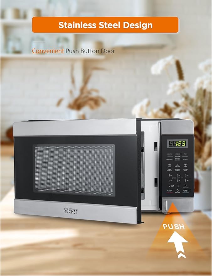 COMMERCIAL CHEF 1.1 Cu Ft Microwave with 10 Power Levels, Small Microwave with Push Button, 1000W Countertop Microwave with Kitchen Timer, Door Lock, & Digital Controls, Stainless Steel