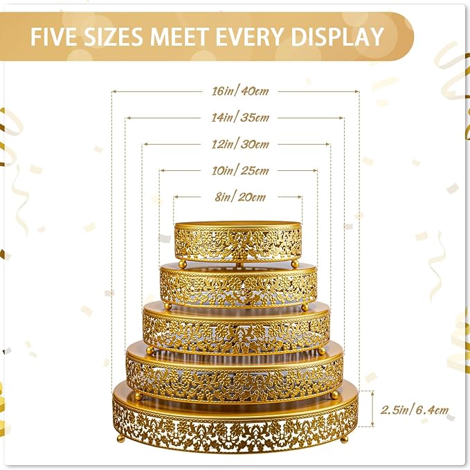 Wenqik 5 Pcs Metal Gold Cake Stand 16/14/12/10/8 Inch Round Cake Holder Display for Dessert Table Cookies Fruit Serving Tray Cupcake Pastry Riser for Wedding Birthday Party and Events