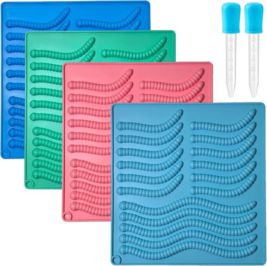 4Pcs Gummy Candy Molds - Silicone Gummy Worm Molds with 2Pcs Dropper,Non-stick and Bpa Free for Candy Chocolate Gummies Baking
