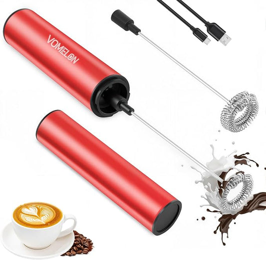 Milk Frother, Rechargeable Battery Operated Frother for Coffee,Portable Drink Mixer with 2 Stainless Steel Whisk Heads,Milk Foamer for Keto Coffee, Latte, Cappuccino, Hot Chocolate,Rube Red