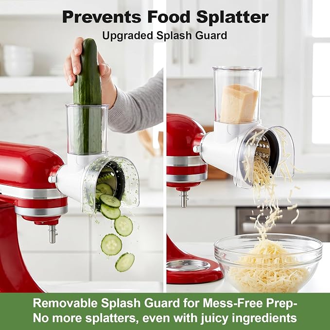GVODE Cheese Grater Attachment for KitchenAid Stand Mixer – 3inch Large Feed Chute Splash-Proof Shredder, 4 Interchangeable Stainless Steel Blades, Dishwasher Safe KitchenAid Mixer Attachments