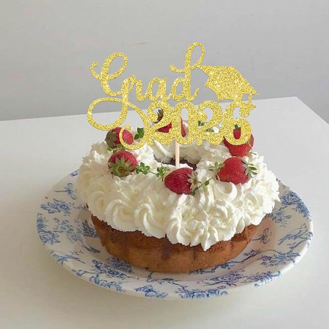 1 Pack Grad 2026 Cake Topper with Glitter Congrats Grad Cap Class of 2026 Cake Pick Decorations for 2026 Graduation Theme School Boys Girls Graduate Party Supplies Gold