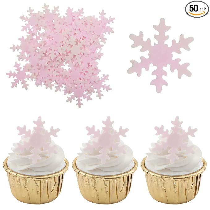 Gyufise 50Pcs Pink Edible Cupcake Cake Toppers Snowflake Cake Decorations for Christmas Winter Frozen Theme Party Supply Decoration
