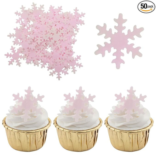 Gyufise 50Pcs Pink Edible Cupcake Cake Toppers Snowflake Cake Decorations for Christmas Winter Frozen Theme Party Supply Decoration