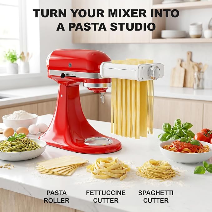 Pasta Attachment for KitchenAid Stand Mixers, 3 in 1 Pasta Maker Set for Kitchenaid, Includes Pasta Roller, Pasta Cutter and Fettuccine Cutter with Cleaning Brush