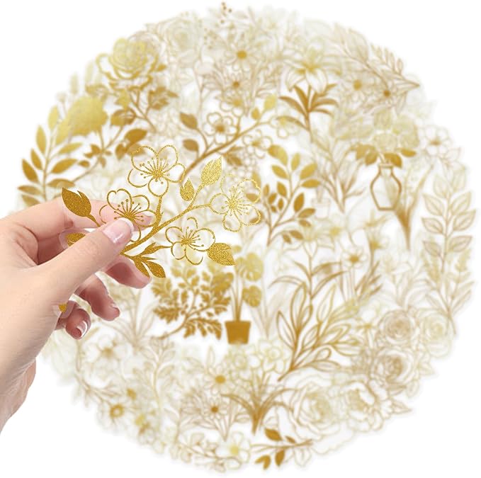 50 Pcs PET Transparent Gold Plant Stickers, Waterproof Vinyl Gold Foil Floral & Foliage Decals for Laptop Skateboard Luggage, Elegant Botanical Stickers Gift for Kids Teens Adults(Golden Plants)