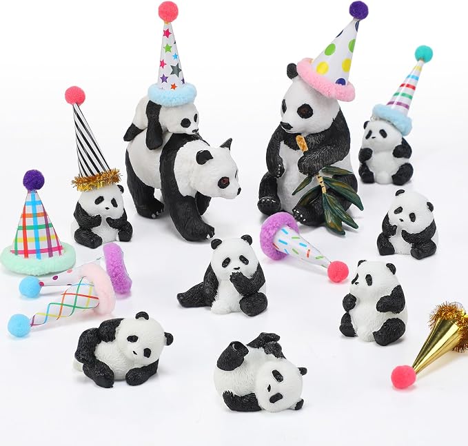 Colingmill 18 Pcs Panda Cake Toppers Birthday Party Decorations Mini Birthday Hat Animal Figure Model Cake Toppers with Mini Hat for Animals Themed Party