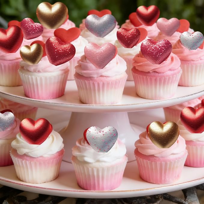 56PCS Edible Heart Cupcake Toppers Wafer Paper Red Pink Heart Cupcake Picks Sweet Love Cake Decor for Valentine's Day Theme Party Birthday Decoration Supplies