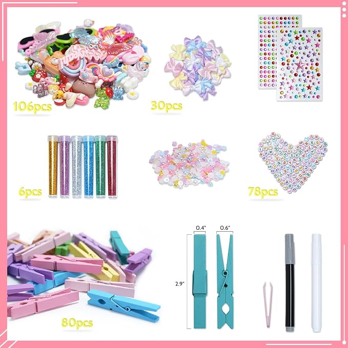 Cheer Pins for Cheerleaders, 80 Pcs Team Spirit Clips Clothes Pins Wooden | 250+ Pcs Mini Resin Charms, Bows, Beads, Stickers, Fade-resistant, Ideal for Craft Making, Backpack Deco, Gift Giving