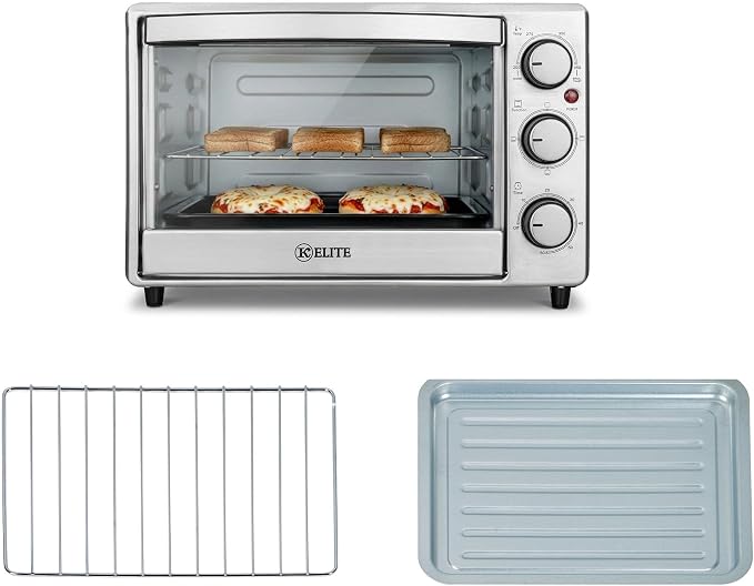 Kitchen Elite Toaster Oven, Compact Countertop Appliance with Bake Tray, Wire Rack, Adjustable Timer, and Temperature Control, Stainless Steel