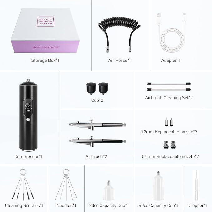 Airbrush Kit with Compressor, 2 Airbrushes, 6400mAh 50PSI High Pressure Airbrush for Nails with 0.2/0.3/0.5mm Nozzle Sets, Airbrush for Nails, Modeling, Cake Decorating, Pastry (Black)