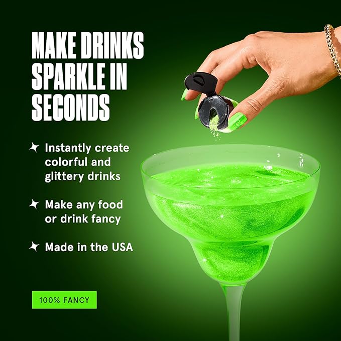 Fancy Sprinkles Glow Worm Green Edible Glitter | Glows Under Black Light | Luster Dust for Drinks, Cocktails & Cake Decorating | Vegan, Gluten Free, Non-GMO | Made in USA | 4gm