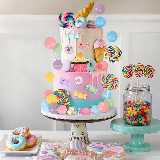 33PCS Candyland Cupcakes Toppers Candy Cake Topper with Donut Lollipop Candy Cakes Colorful Candyland Cake Decoration for Kids Sweet Themed Birthday Party Supplies