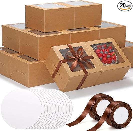 KPOSIYA 40pcs 8x8x5 inches Cake Boxes with Cake Boards（20 Boxes & 20 Boards）, 8 inch Brown Cake Boxes with Window,Cajas Pasteles Square Cardboard Cake Containers for Christmas Thanksgiving