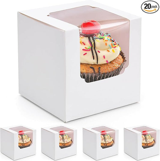 VGOODALL 20PCS White Cupcake Boxes, 3.5"x3.5"x3.5" Individual Cupcake Containers Pre-Assembled Containers with Window and Inserts for Wedding Baby Shower Birthday