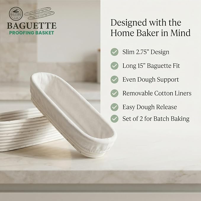 15 Inch Baguette Proofing Basket Set of 2 with Cotton Liners & Baguette Recipe eBook- Handcrafted Natural Rattan Banneton Bread Proofing Baskets for Sourdough- French Bread & Dough Rising