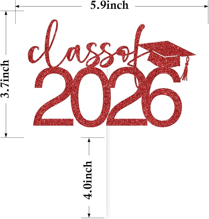 Class of 2026 Cake Topper, Congrats 2026 Cake Décor, Congrats Grad, Happy Graduation, High School/Senior/University Graduation Party Decorations Red Glitter