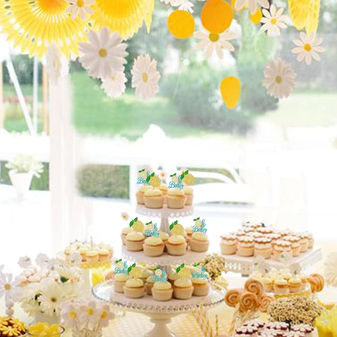 Rsstarxi 24 Pack Lemon Oh Baby Cupcake Toppers Fruit Theme Oh Baby Lemonade Cupcake Picks Decorations for Lemon Theme Baby Shower Kids Birthday Party Cake Decorations Blue