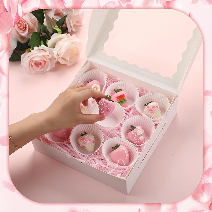 20 Pack Mother's Day Chocolate Covered Strawberry Boxes with Window 9 x 9 x 2.5 Inches Cookie Bakery Bulk White Macarons Treat Gift Boxes for Muffins Dessert Party Favors