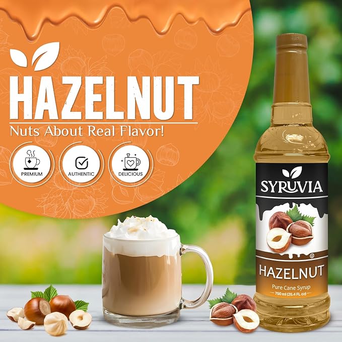 Syruvia Coffee Syrup, Hazelnut Flavored Syrup for Drinks, Lattes, and Desserts – 25.4 fl oz - with Pump