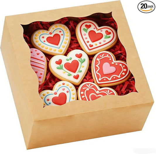 XINHPKGG 20 Pack Cookie Boxes 6x6x3 Inch Bakery Boxes with Window Treat Box Dessert Box for Macaron Mini Cake Chocolate Covered Strawberries Pastry -Brown