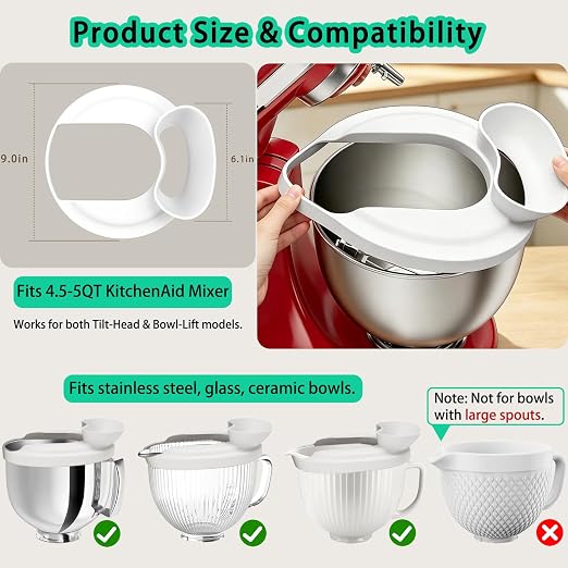 Silicone Flour Funnel with Pouring Shield for KitchenAid 4.5-5QT Mixer