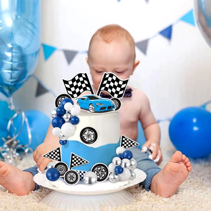 Ercadio 42Pcs Blue Racing Car Birthday Cake Toppers Wheel Checkered Flag Cupcake Toppers Silver Blue Balls Cake Decorations for Kids Racing Birthday Cake Decoration Race Car Party Supplies