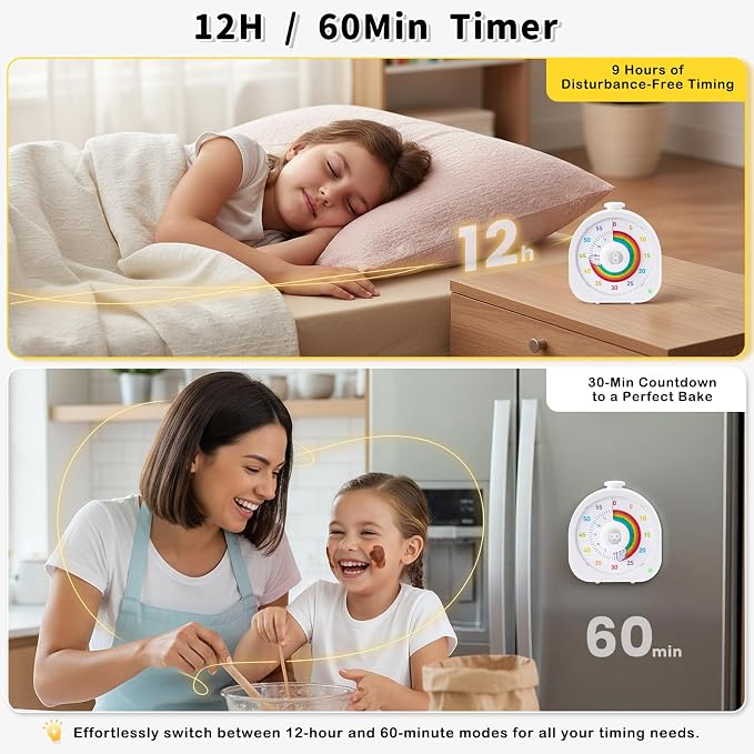 Visual Timer for Kids 60Min/12H Dual Countdown Timers with Magnetic Sticker | Rechargeable Timer with Pomodoro Mode, ADHD Time Management Tool for Classroom Kitchen Office, Silent Operation
