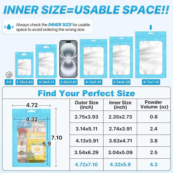 ANZNKU 100 Pack Lake Blue Resealable Mylar Bags with Frosted Clear Window 4.72x7.1", Smell Proof Foil Pouch Bag forJewelry Candy Party Favor Storage, Sealable Packaging Bags for Small Business